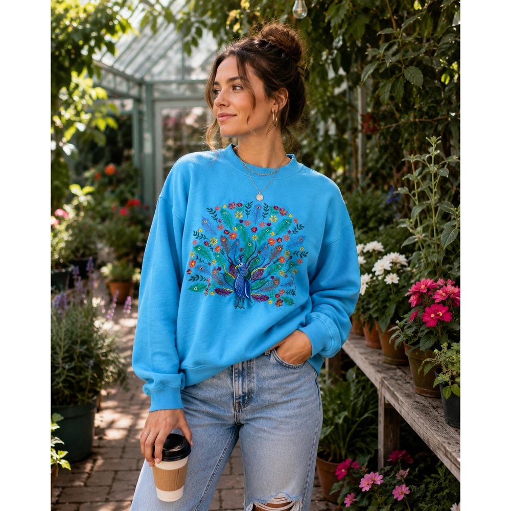 Vintage King Universal Peacock Embroidered Sweatshirt XL Blue Cottagecore Crew